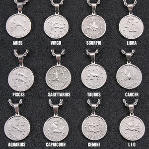 Acero inoxidable Hip Hop <span class=keywords><strong>pareja</strong></span> 18K chapado en oro DIY joyería hecha a mano colgante collar 12 dijes del zodiaco collares - Product Image 5