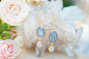 Rainbow Moonstone & Labradorite Gemstone 925 <b>Sterling</b> <b>Silver</b> Handmade Gold Vermeil <b>Drop</b> <b>Earrings</b> for Wedding - Product Image 2