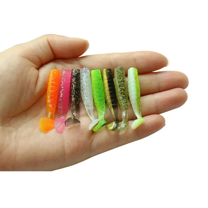 Señuelo biónico pequeño de pesca, cebo de gusano de pescado de doble color de 40mm y 0,9g, señuelo de pesca de lubina con cola de paleta en t de goma, sábalo de plástico suave