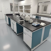 Meubles de laboratoire clés en main pour écoles : Banc de travail central en C, hotte à fumées en bois et acier, compatible avec une disposition personnalisée