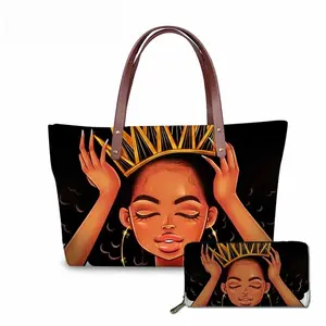 Women Bags Black Art African Girls Design Luxury Handbag&Purse Set Ladies Top-Handle Bags Females Beach Bag 2023