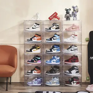 Toptan şeffaf plastik Sneaker istiflenebilir ayakkabı saklama kutuları damla ön akrilik çekmece tipi manyetik temiz ayakkabı kutu