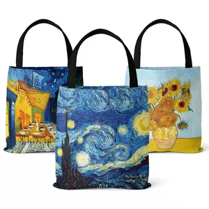 Großhandel leinwand material handtasche-Großhandel Mode Frauen Polyester Leinwand Van Gogh Sternennacht Sonnenblumen Digitaldruck Strand Handtasche Tote Umhängetasche
