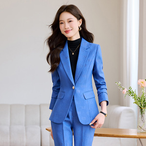 Women's Suit <b>Set</b> Blue Polyester Formal Workwear <b>Blazer</b> Pants Anti-Wrinkle Spring Office Wear - Product Image 1