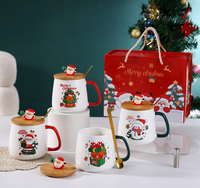 Tasse en céramique Wisteria de Noël avec couvercle en bois et cuillère – Coffret cadeau motif Père Noël et Bonhomme de neige pour les fêtes/Nouvel An, usage domestique/bureau