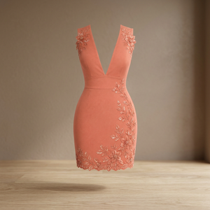 Vestido de Noche Formal Mini sin Mangas con Cuello en V, Satinado, con Apliques Florales 3D, Ajustado, para Fiesta - Product Image 3