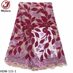 Velours africain rouge de luxe français avec paillettes broderie fleur Tulle <span class=keywords><strong>Net</strong></span> tissu de dentelle nigérian avec des pierres - Product Image 1