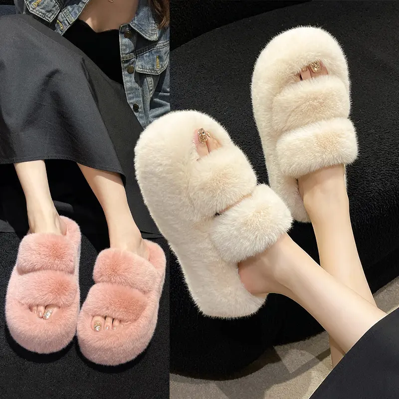 2022 Winter Unisex Flat Platform Slippers Lamb Wool Thickened Warm Fur Sandals