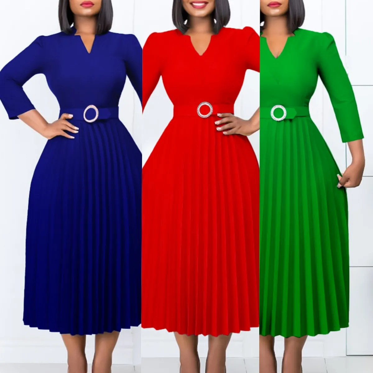 D426 son tasarım moda sonbahar elbiseler kadınlar için üç çeyrek v yaka pileli elbise zarif bayanlar ofis elbise kemer