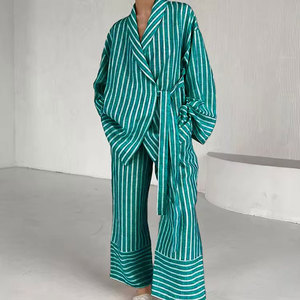 Conjunto <span class=keywords><strong>de</strong></span> Mujer <span class=keywords><strong>de</strong></span> Nuevo Diseño, Alta Calidad, Moda Femenina, 100% <span class=keywords><strong>Lino</strong></span>, Holgado, con Cinturones, Camisa a Rayas y <span class=keywords><strong>Pantalones</strong></span> Rectos Amarillos - Product Image 5