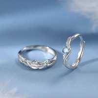Bague de couple réglable en argent sterling S925 plaqué, motif eucalyptus bleu, oiseau et plume, pierre de lune, pour homme et femme, cadeau pour amoureux