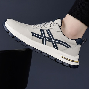 Chaussures de marche pour hommes en cuir véritable avec doublure en maille, talon bas, motif géométrique, respirantes, antidérapantes, résistantes aux chocs et amorties - Product Image 3
