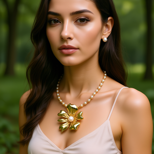 Collar de moda tipo gargantilla, chapado en oro, de acero inoxidable, con colgante de flor y perla central, joyería llamativa para mujer. - Product Image 3