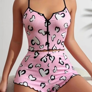 Hot Selling Heart Print Slim Fit Elastic Waist Summer Breathable Soft Loungewear Female Pajamas Casual Nightwear - Product Image 3