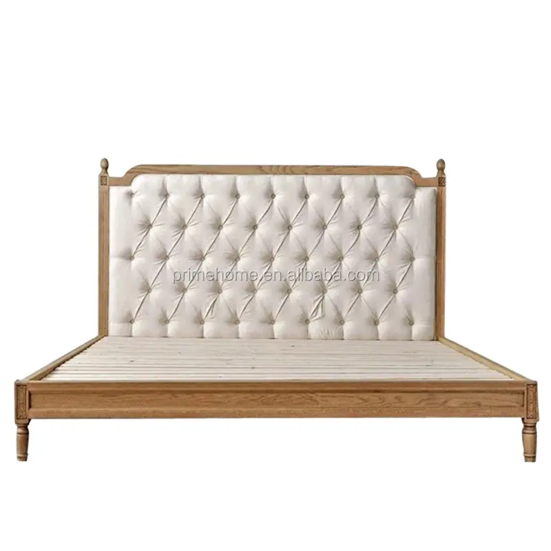 High Quality Bedroom Furniture French Vintage Solid Wood Frame Bed Fabric Wooden Queen Bed