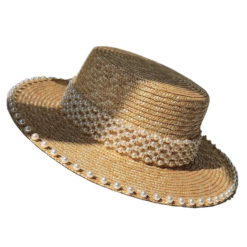 Sun protection cool summer simple fashion cute western trucker fitted flat top straw with women pearl cowgirl hats