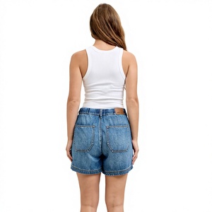 Shorts en jean taille haute pour femmes, bleu uni, coton, style décontracté avec poches, tissu tissé, design respirant - Product Image 1