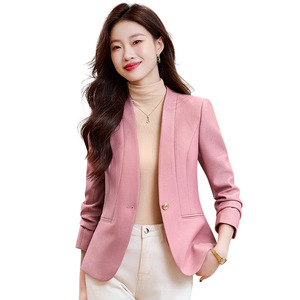 Women's Short Blazer Apricot Color Solid Polyester Anti-Wrinkle Professional Formal Wear Petite Fit Autumn Winter 2024 - Product Image 5
