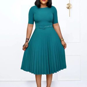 Robes de travail grandes tailles, robes plissées élégantes, robe midi en coton à col rond et coupe trapèze, robe décontractée et confortable pour femme de bureau. - Product Image 2