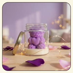 Bougie en verre Teddy Purple Bear dans un bocal en verre avec motif cœur, pour la Saint-Valentin, décoration de la maison, avec couvercle - Product Image 5