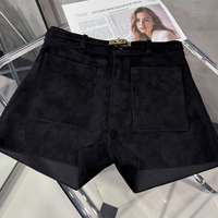 Shorts en cuir pour femme, style streetwear d'été, en cuir d'agneau véritable, suède marron