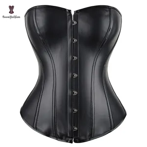 Red Black Leather 14 Elastic Bones Supported Shapewear Bodysuit Busk Closure Womens Corset Bustier With Lacing Ribbon