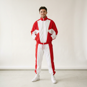 Survêtement Homme Rouge et Blanc à Blocs de Couleurs, Fermeture Éclair Intégrale, à Capuche, Décontracté, Sportif, Respirant, en Polyester Léger, Coupe Classique, Hiver - Product Image 1