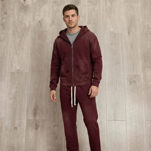New Burgundy Loose <b>Acid</b> <b>Wash</b> Distressed Zip Up Hoodie and Sweatpants Tracksuit Set Streetwear - Product Image 2