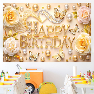 Telón de Fondo con Estampado de Flores de Mariposa y Perlas Doradas, Efecto 3D, <span class=keywords><strong>Banner</strong></span> de Fondo para Fiestas, Decoración de Cumpleaños para Niños y Bebés - Product Image 3