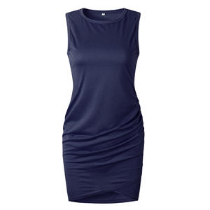 Vestido de playa informal de verano 2024 para mujer, cuello redondo, corto, sin mangas, para fiesta, Club, plisado, ajustado, vestidos camiseros - Product Image 3