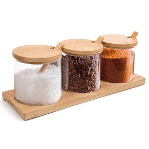 Condiment Container Seasoning Box Pots 3pcs Spice Glass Jars Set with Bamboo Spoon Lid and Base