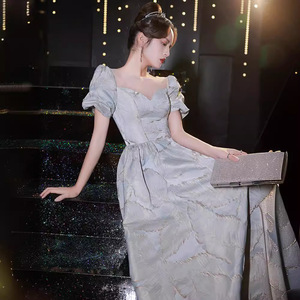 Evening Gown Female Sweetheart Neckline Empire Waist Blue Gray Long Dress Party Performance Banquet Elegant Host Spring Fashion - Product Image 3
