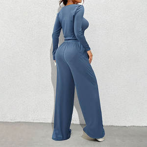 Manches longues col carré mince body cravate <span class=keywords><strong>taille</strong></span> jambe <span class=keywords><strong>large</strong></span> <span class=keywords><strong>pantalon</strong></span> tenues femmes deux pièces ensemble pantalons décontractés - Product Image 2