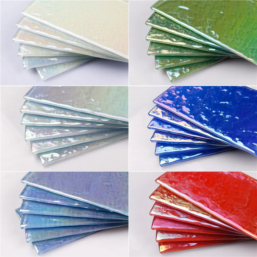Azulejo de cristal iridiscente para pared de baño, vidrio electrochapado de 75x150mm, color verde, blanco y negro, contra salpicaduras de cocina, precio al por mayor