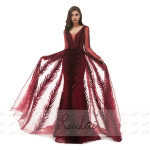 Ruolai PEV-L3147 lusso <span class=keywords><strong>Tulle</strong></span> velluto <span class=keywords><strong>pizzo</strong></span> maniche lunghe sirena festa abiti da sera donna - Product Image 2