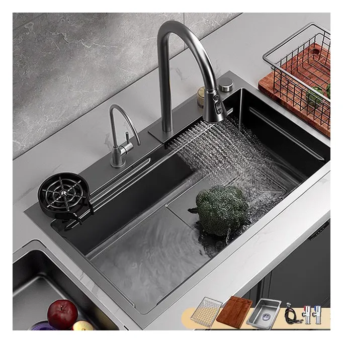 Single Bowl Handmade Kitchen Sink Waterfall Kitchen Sink 304 SUS Stainless Steel With 3- Gear Pulling Faucet Top Mount