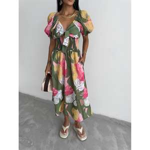 Vestido de Lino con Estampado de Hojas Verdes, Cuello Halter, Diseño Personalizado, Tallas Grandes XS-XL, Diseño ODM, Escote sin Tirantes, Sostenible - Product Image 2