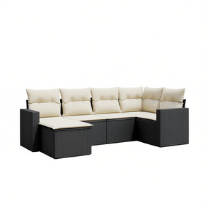 Ensemble de salon de jardin blanc crème et noir avec coussins, 6 places, mobilier d'extérieur en rotin tressé, design contemporain - Product Image 1