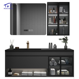 Mueble de baño inteligente negro con espejo inteligente semitransparente, lavabo blanco y gabinete colgante. - Product Image 4