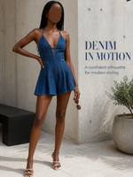 Combinaison en jean bleu foncé pour femme, col halter, décolleté en V profond, sans manches