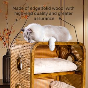 <span class=keywords><strong>Lit</strong></span> de chat semi-fermé double couche fait à la main de luxe grotte bois tissé résistant aux rayures PVC rotin conception usine vente en gros - Product Image 4
