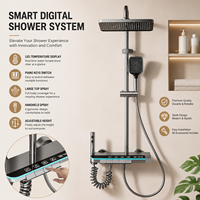 Sistema de ducha termostático de latón para baño con pantalla digital, control tipo teclado de piano, grifo mezclador de ducha con efecto lluvia y cascada, y chorros de masaje.