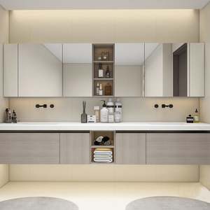 Ensemble de meuble-lavabo de salle de bain LED haut de gamme avec armoire de rangement, design imperméable, matériau mélamine en blanc/noir pour hôtels et appartements - Product Image 5