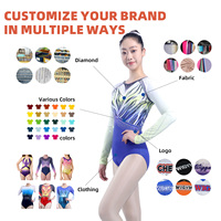 Leotard Senam Lengan Panjang Khusus Anak Perempuan Gradasi Biru Berhias Rhinestone Bahan Spandex Bernapas Anti-Bakteri OEM 2pcs 7 Hari