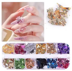 Renkli karışık tasarım 12 ızgara/kutuları özel etiket 3D folyo gevreği toptan altın gümüş tırnak kaplaması Glitter Sequins düzensiz