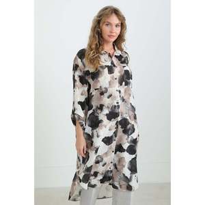 Puane Women's Black Patterned Oversize Button-<b>Down</b> Tunic Shirt with Slit Hem and Abstract Design for Casual Wear - Product Image 1