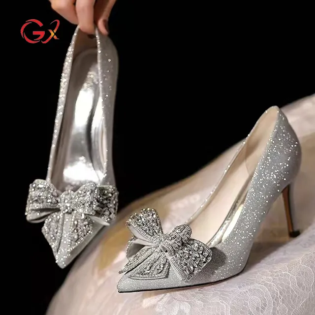 GX01A98 Elegant Wedding Pointed Crystal Bow Sandals Shoes High Heels