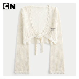 GRS Certification <b>Sweater</b> Manufacturer Custom logo Women Cotton Polyester <b>Long</b> Sleeve Crochet Tie Front Shrug <b>Cardigan</b> <b>Sweater</b> - Product Image 3