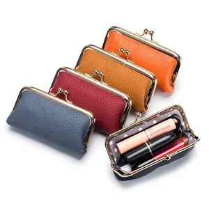 Cartera de cuero genuino de estilo Retro para mujer, monedero pequeño, paquete de lápiz labial portátil para mujer con embrague con cierre