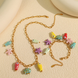Collar con Dijes de Estrella de Mar y Pez Esmaltados Coloridos, Chapado en Oro de 18K, de Acero Inoxidable, Set de Joyería Oceánica para Mujer - Product Image 2